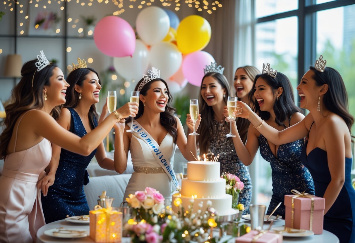 A group of women celebrating a bachelorette party indoors, with the bride wearing a sash and tiara, raising glasses in a toast around a decorated table.