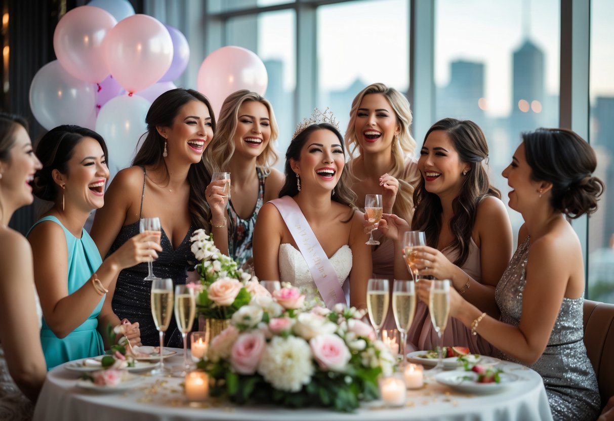 A group of women celebrating a bachelorette party indoors around a decorated table with flowers and champagne, smiling and enjoying the moment.