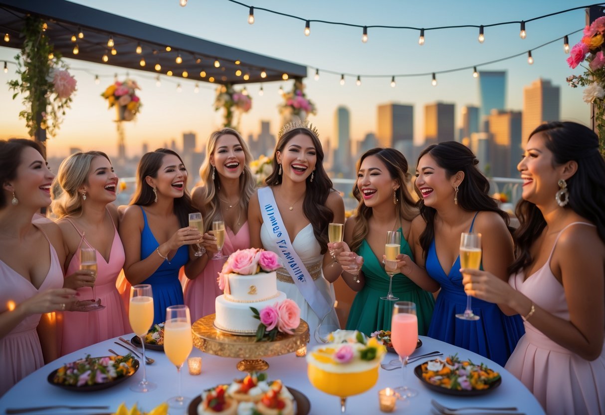 A group of women celebrating a bachelorette party on a rooftop terrace at sunset, with decorations, drinks, and a cake.