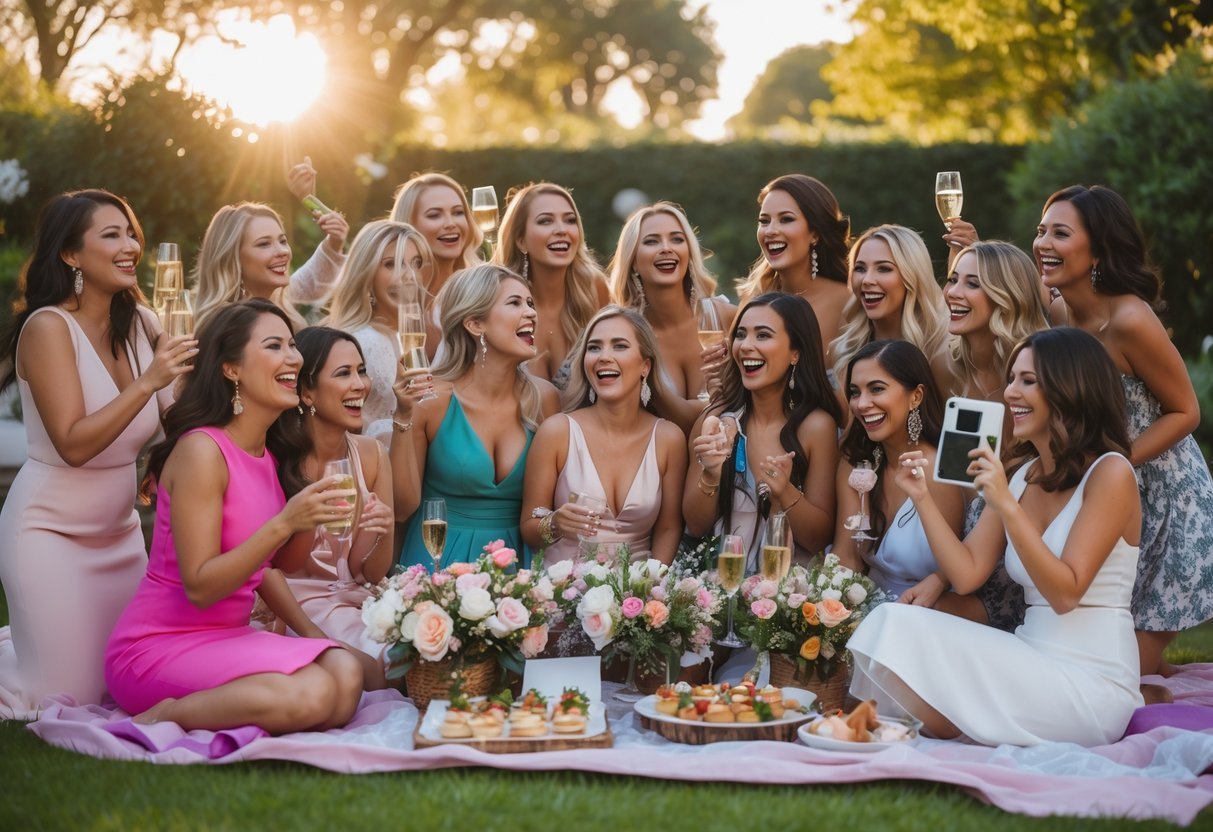 A group of women celebrating a bachelorette party outdoors with drinks, flowers, and games in a sunny garden.